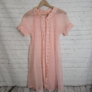 VTG 60s Chiffon Peignoir Babydoll Robe Sz M Puff Sleeve Peachy Pink